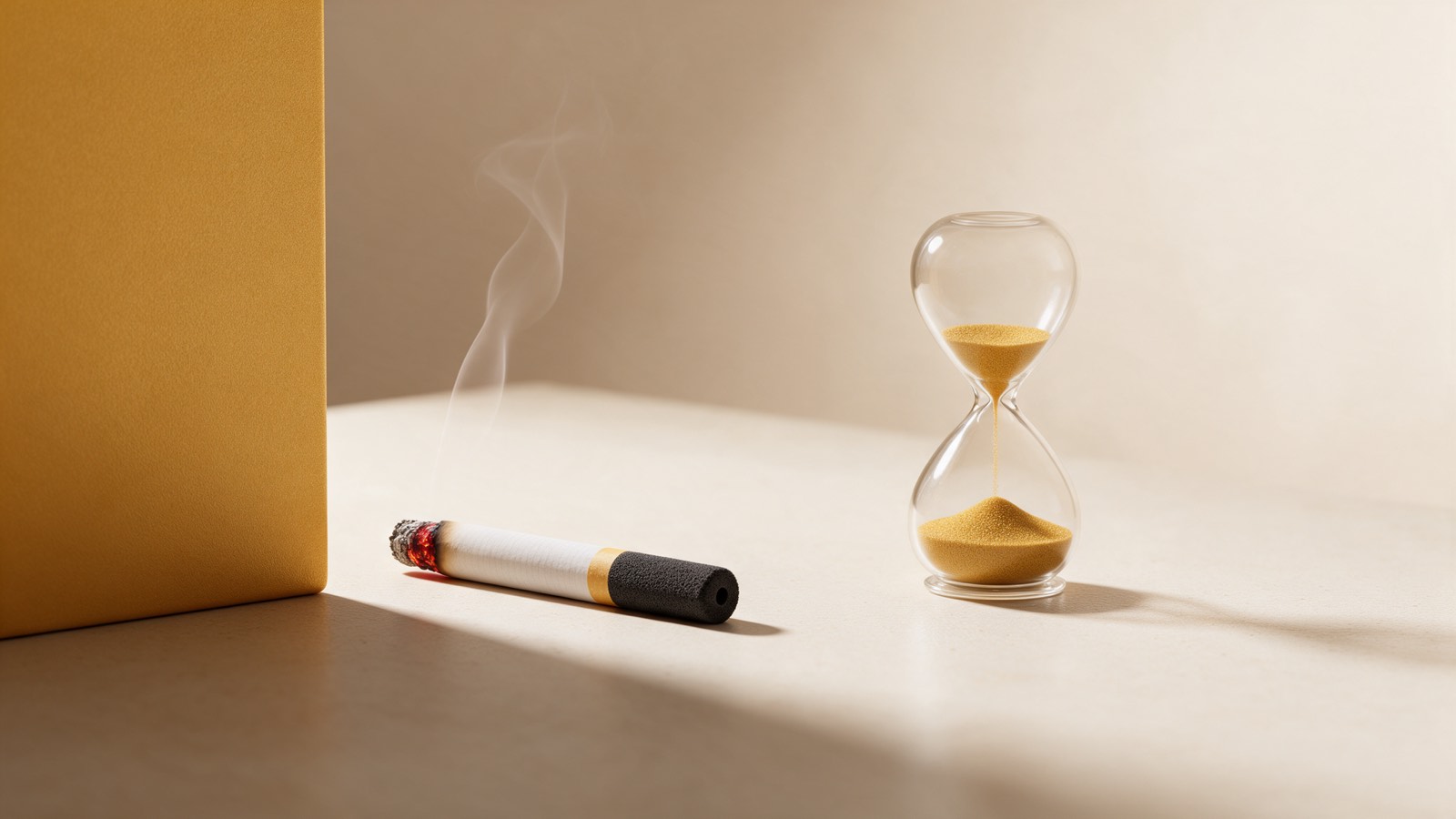 Combien de séances d'hypnose pour arrêter de fumer : une cigarette posée près d'un sablier dont s'échappe une fine fumée