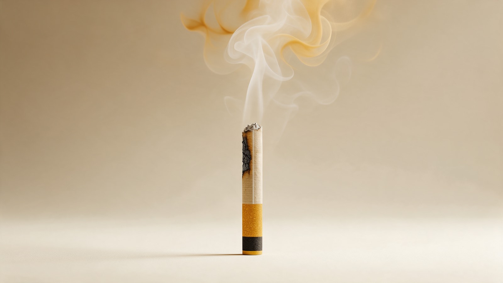 Hypnose et dégoût de la cigarette : une cigarette debout dont la fumée se dissout en volutes dorées