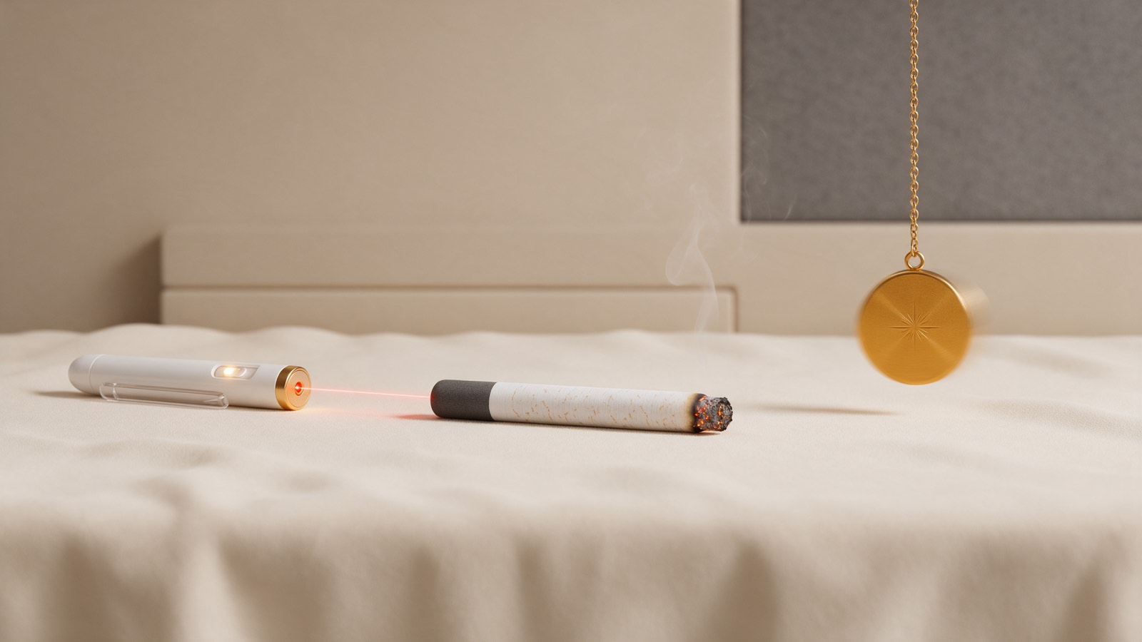 Arrêter de fumer : laser ou hypnose, un stylo laser et un pendule de part et d'autre d'une cigarette